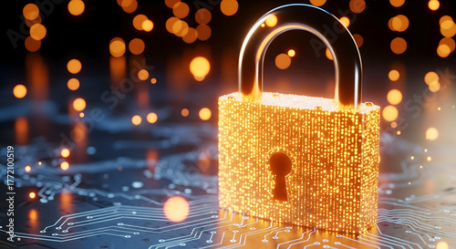 Secure your digital world with this stunning glowing padlock, symbolizing cybersecurity and data protection on a futuristic circuit board background with bokeh lights.