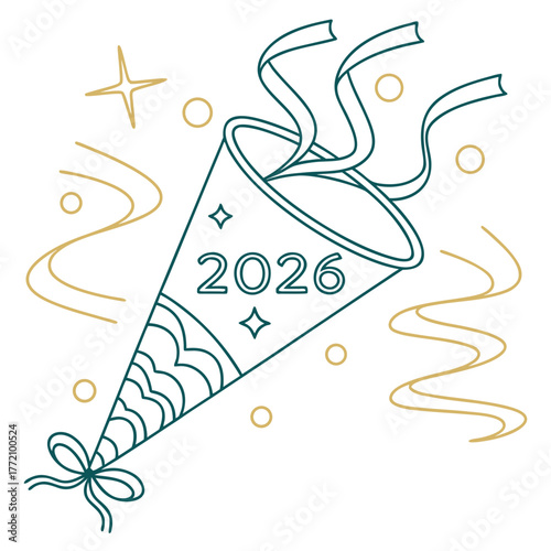Teal and gold line art party popper with 2026 new year