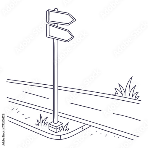 Two way directional road sign post on pavement directional sign