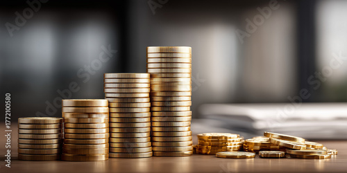 Investment trends in private equity growth financial sector coin stacks indoor office environment close-up viewpoint