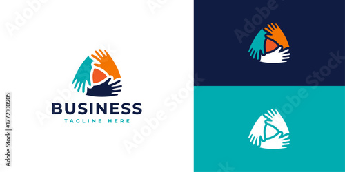 Community Hands with Play Icon Logo – Social Connection, Media, and Support Symbol for Charity or Digital Platforms