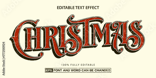 Retro Christmas text effect, Vintage grunge editable typography
