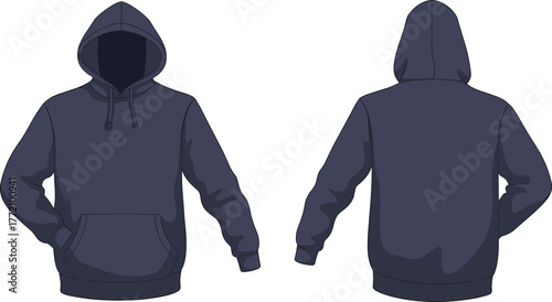Hoodie template front and back view, fashion sweatshirt mockup, blank apparel design, clothing illustration, casual wear garment sketch, vector style, unisex pullover design