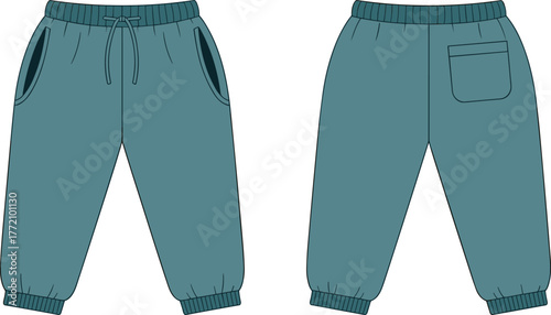 Jogger pants front and back view, fashion flat sketch, technical garment illustration, casual sportswear design, elastic waistband drawstring, side pockets, ankle cuffs, apparel template