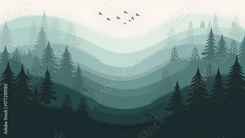 Misty forest landscape trees mountains nature background illustration vector art scenic view outdoors 100