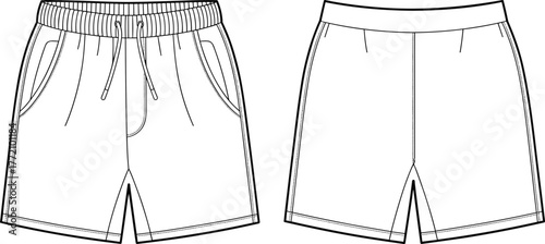 Technical fashion flat sketch shorts front back view, elastic waistband drawstring, apparel design template, garment construction illustration, clothing vector outline, unisex casual wear