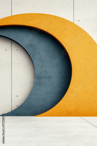 Minimalist yellow arc over textured blue concrete crescent with white wall background conveying calm modern architecture and subtle industrial texture