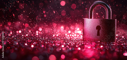 Sparkling padlock red bokeh glitter background security concept metal lock festive light close up shallow depth of field protective device