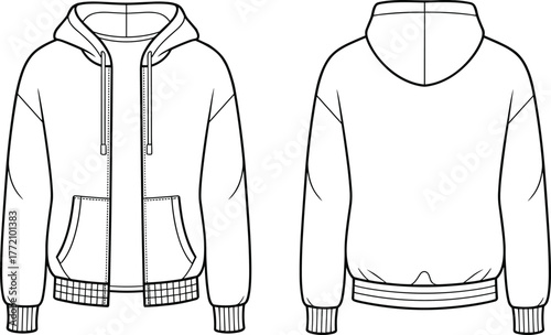 Hoodie template, front and back view, fashion flat sketch, technical drawing, sweatshirt design, apparel illustration, clothing mockup, garment outline, unisex casual wear, vector art