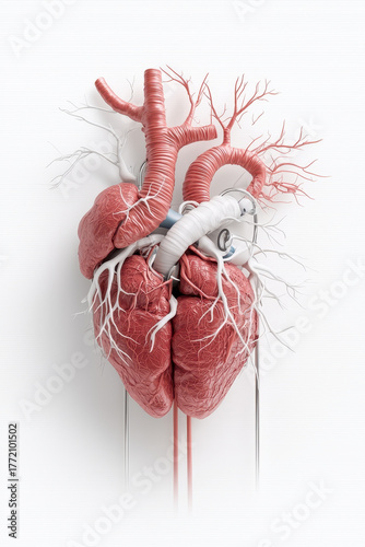 Artificial human heart model with vascular tubing and grafts showing medical device connection and anatomical detail in clean clinical composition evoking precision and clinical urgency