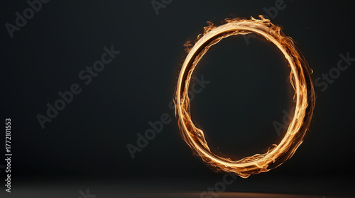 Fiery ring glowing on dark background, minimal composition, dramatic lighting, warm tone, energetic movement, abstract circular flame