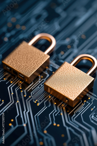 Golden padlock on circuit board symbolizing digital security and data protection with minimalist metallic texture and shallow depth of field, conveying trust and technological safety