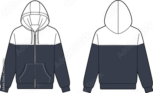 Hooded jacket technical fashion flat sketch, front and back view garment illustration, two tone color block hoodie design, apparel template, clothing vector drawing