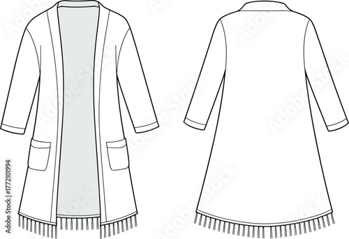 Women’s long cardigan fashion flat sketch, technical coat illustration, garment design template, apparel vector drawing, outerwear with fringe hem, three quarter sleeves, patch pockets