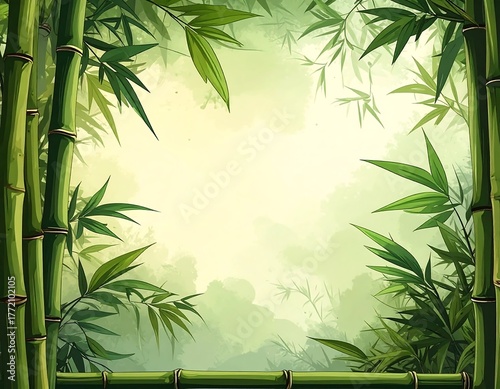 Lush bamboo stalks frame a misty background, with green leaves