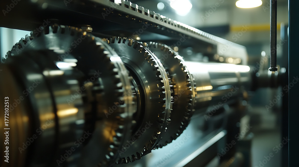 Fototapeta premium A close up of a gear with a yellowish tint. The gear is surrounded by other gears