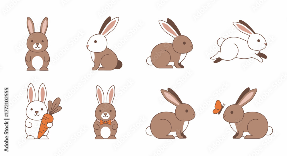 Fototapeta premium Collection of cute cartoon bunnies in various poses on white background