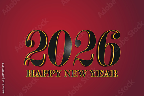 2026 Happy New Year Elegant Gold Text on Red Background | Festive Holiday Season Design for Greetings, Invitations, and Celebrations