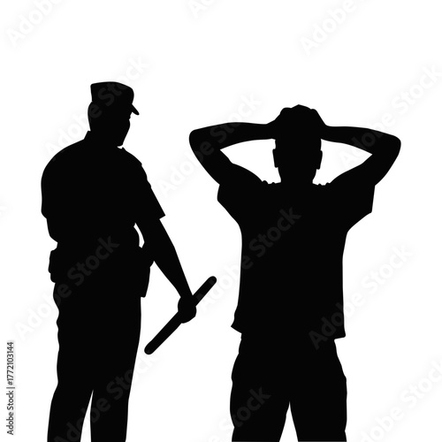 Police Officer and Man Silhouette. Law Enforcement Scene. Security Arrest Concept