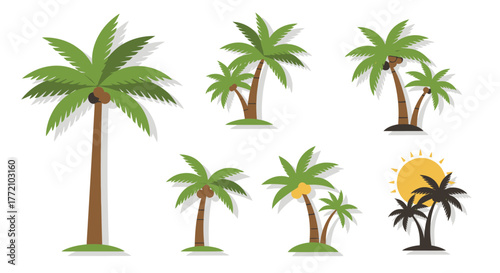Cartoon Palm Trees Set with Coconuts Summer Holiday