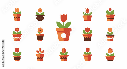 Collection of flat design potted flowers icons on white background