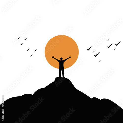 Silhouette of man standing on mountain peak with sunrise. Freedom and success concept. Achievement and motivation illustration