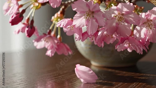 Close Up of Pink Cherry Blossom Flowers in a Gray Vase on a Wooden Table with Natural Light Background