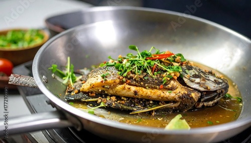 A whole, cooked fish sits in a metallic pan. It's seasoned with herbs, chilis, and spices. A side dish of greens sits behind it