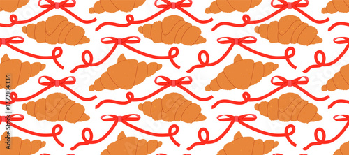 Cute seamless pattern with croissants and red ribbons on white background. Croissant vector pattern with bows.