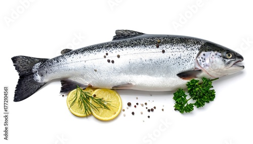 A whole, fresh fish with silvery scales, resting with lemon slices, herbs, and peppercorns on a white surface