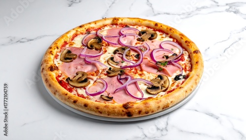 A whole pizza sits atop a marble-like surface. It features toppings of mushrooms, red onion, and ham. The pizza has a golden-brown crust