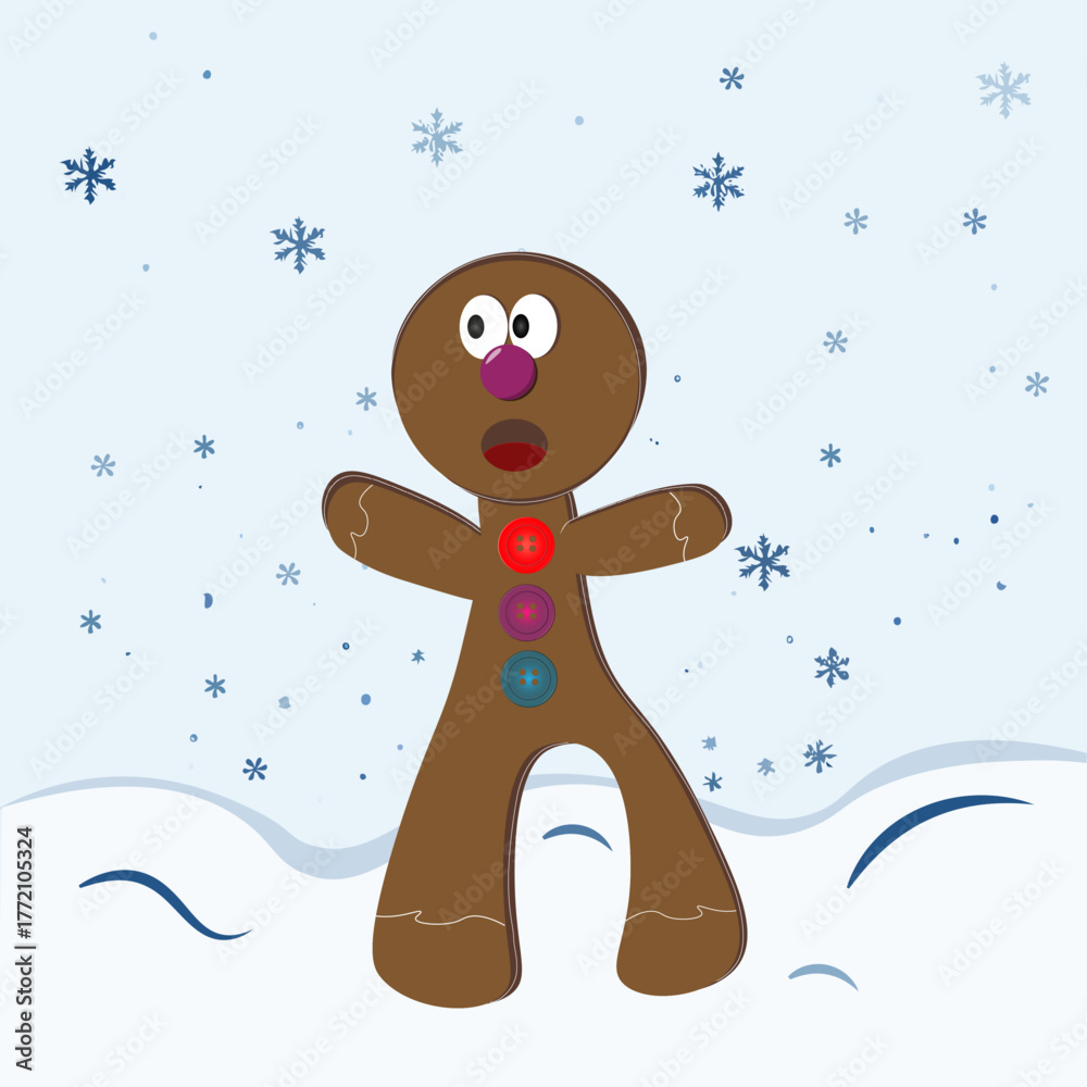 Obraz premium Cute gingerbread cookie in snowy Christmas background kawaii style