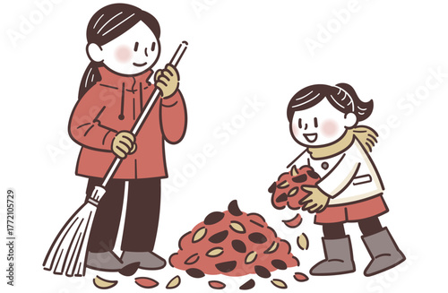 Mother and daughter sweeping fallen leaves in an autumn garden / 秋の庭で落ち葉を掃く母と娘