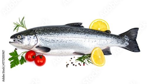 A whole silver-skinned fish lies atop a white surface, accompanied by cherry tomatoes, lemon wedges, and fresh herbs. Black peppercorns are scattered nearby