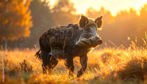 A wild pig with bristly fur is captured in a vibrant, golden-hued field during sunset, backlit by the setting sun