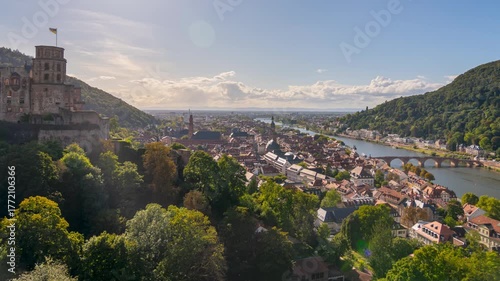 Timelapse of the Heidelberg Castle and cityscape with Neckar River and bridge.