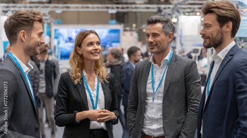Group of business professionals at a conference or exhibition, networking and engaging in conversations