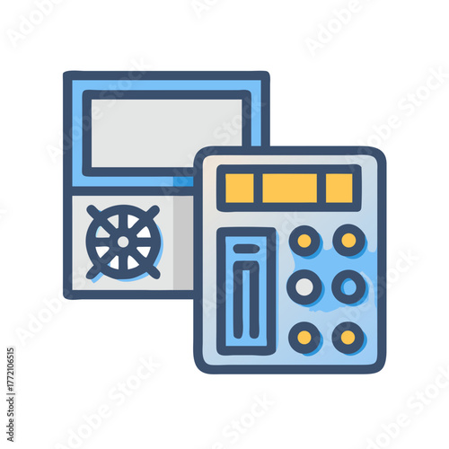 Flat illustration of server rack and control panel icon