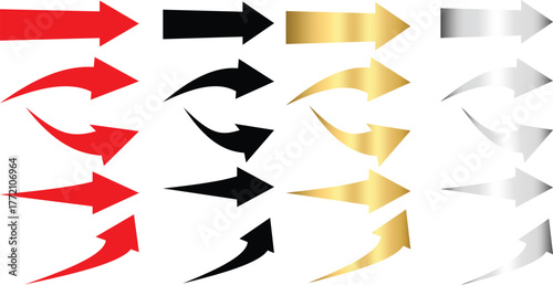 Curved Arrow Icon Set – Red, Black, Gold, and Silver Directional Arrows Collection