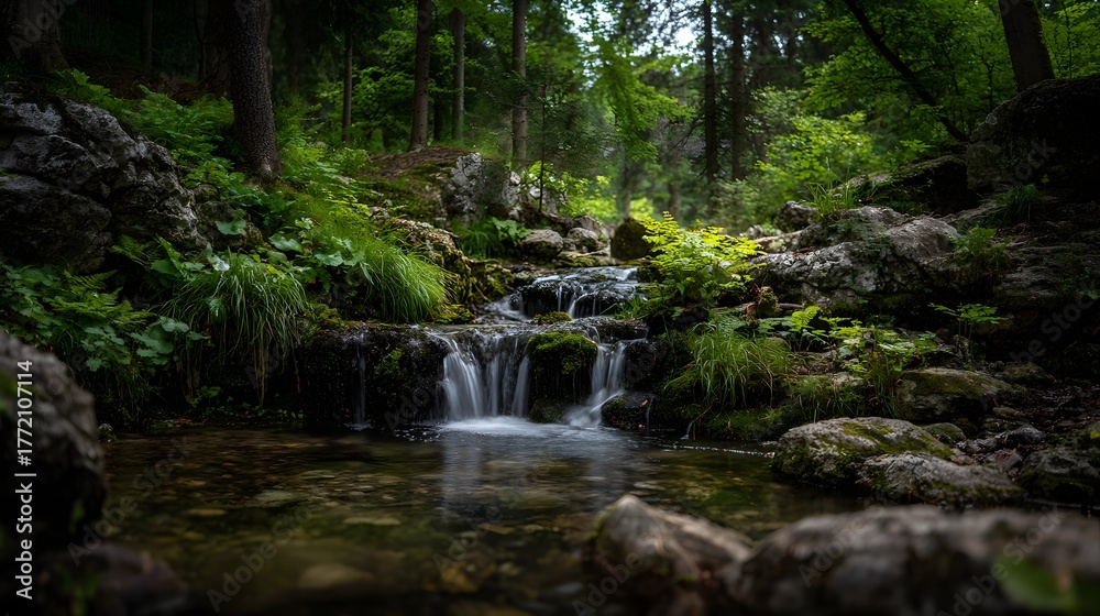 Obraz premium Small cascade flows over mossy rocks through a dense, verdant forest environment