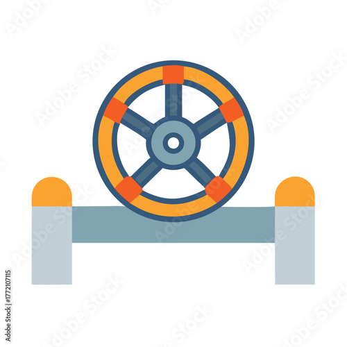 Industrial valve wheel, pipe fitting with orange and blue accent