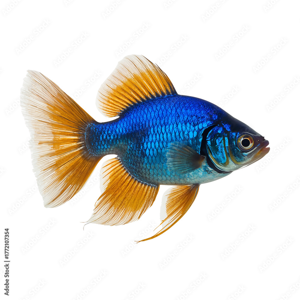 Fototapeta premium Captivating aquatic creature: Vibrant blue and gold fish in a black background setting