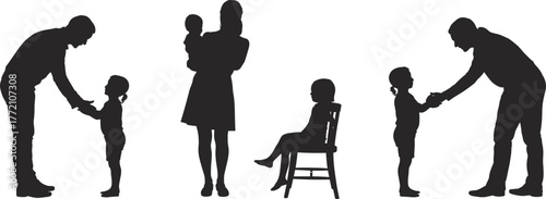 Family silhouette with parents and children, father and mother with kids, parenting, care, love, family relationship, childhood bond illustration