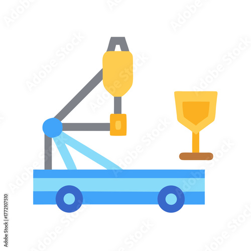 Geometric crane delivering a prize on a blue platform