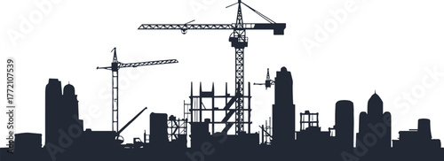 City skyline under construction with cranes, buildings, scaffolding, and industrial structures silhouette, urban development and architecture concept vector illustration