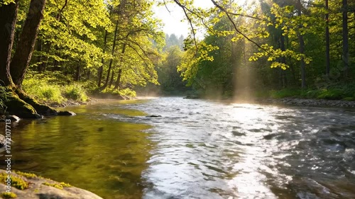 Scenic River Flowing Through Green Forest With Sun Rays in Horizontal Landscape Morning Light Nature Outdoors Calm Waters Serene Environment Stock Photo