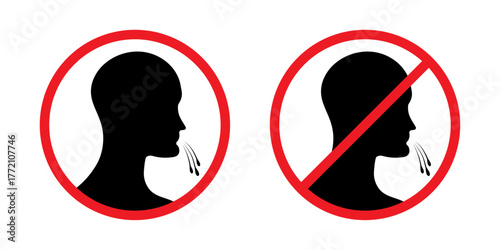 Spitting Prohibition Icons with Profile Silhouettes and Droplet Indicators in Red Circles for Public Hygiene Signage