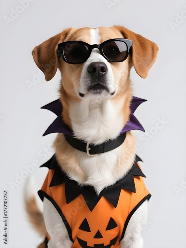 Cool Dog in Halloween Pumpkin Costume and Sunglasses