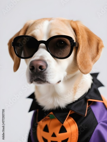 Close-up of Stylish Dog in Halloween Costume and Dark Glasses