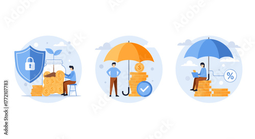 Financial security and investment protection concept with people, coins, shield, and umbrellas